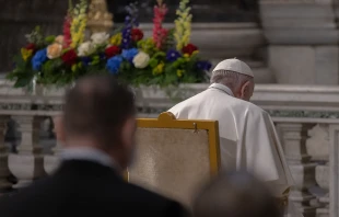 Pope Francis prays the rosary before an icon of Our Lady of Help in St. Peter's Basilica May 1, 2021. Daniel Ibanez/Vatican Pool.
